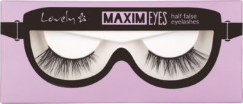 Lovely Maxim Eyes, syntetyczne połówki rzęs w fioletowym pudełku z czarną wkładką w kształcie maski na oczy.