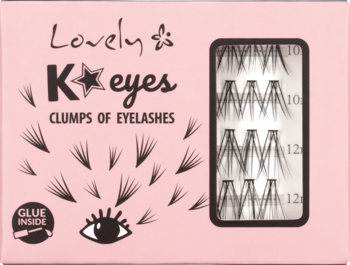 Różowe opakowanie kępek rzęs Lovely K♥eyes, widok z przodu, z oknem pokazującym rzęsy 10mm i 12mm.