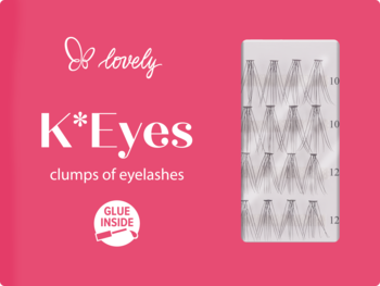 K*Eyes kępki rzęs, czarne, w otwartym różowym pudełku z napisem 'GLUE INSIDE', widoczne rzęsy w kilku długościach.