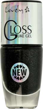 Lovely Gloss Like Gel lakier do paznokci nr 442, czarny brokatowy, z hologramową etykietą NEW, widok z przodu.
