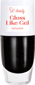 Lovely Gloss Like Gel lakier do paznokci, czarny z brokatem, w butelce z białą nakrętką, widok z przodu.
