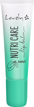 Miętowy balsam Lovely Nutri Care w zielonej tubce, widok z przodu, z czarnym napisem i rysunkiem liści mięty.