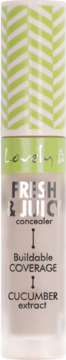 Rozświetlający korektor Lovely Fresh & Juicy w beżowej tubce z zielonym wzorem chevron, z ekstraktem ogórka, przód.