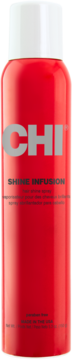 Czerwony spray do włosów CHI Shine Infusion z białą nakrętką, widok z przodu butelki z szarym napisem.