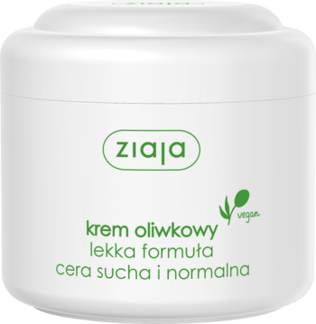 Ziaja krem oliwkowy lekka formuła dla cery suchej i normalnej. Biały słoiczek z zielonym logo, widok z przodu.