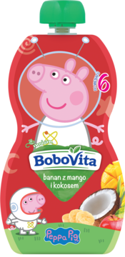 Czerwona tubka BoboVita, mus banan, mango, kokos z Peppą Pig astronautką, 6m+.