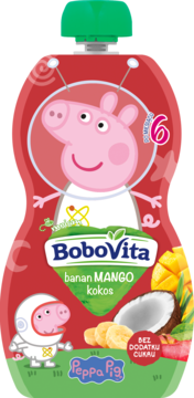 BoboVita puree banan mango kokos w czerwonej tubce z Peppą Pig astronautką, dla 6m+, bez cukru. Widok z przodu.