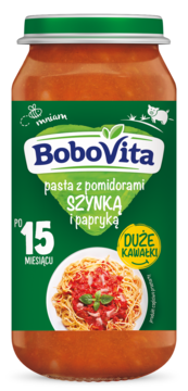 Słoiczek BoboVita z makaronem w sosie pomidorowym z szynką i papryką dla dzieci po 15 miesiącu, widok z przodu.