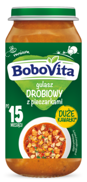 BoboVita gulasz drobiowy z pieczarkami w słoiku, zielona etykieta z miseczką dania, dla dzieci po 15 miesiącu.