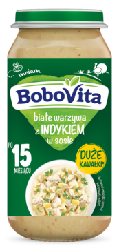 BOBOVITA ,Białe warzywa z indykiem w sosie 15m+,,przód