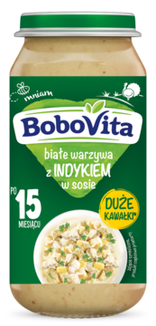 BoboVita białe warzywa z indykiem w sosie, słoiczek dla dzieci po 15 miesiącu, z dużymi kawałkami na etykiecie.