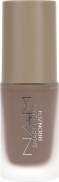 NAM Smart Liquid Bronzer w szklanej, matowej butelce z beżową zakrętką, front, napisy NAM i Bronzer.