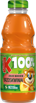 Front butelki soku Kubuś K100% jabłko, marchew, brzoskwinia, bez cukru, z misiem na etykiecie.