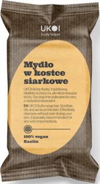 UKOI sulfur soap bar for oily, acne-prone skin, in a dark brown wrinkled wrapper with a prominent yellow label.