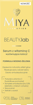 Miya BEAUTY.lab serum z witaminą C wyrównujące koloryt w żółtym pudełku, widok z przodu.