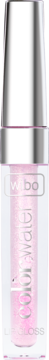 Błyszczyk Wibo Colorwater, półtransparentny, z różowym brokatem, w pionowej tubce ze srebrną nakrętką.