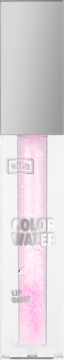 Wibo COLOR WATER, błyszczyk do ust z efektem szklanej tafli, różowy z brokatem, w przezroczystym opakowaniu.