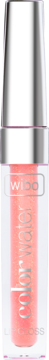 Wibo Color Water błyszczyk do ust, koralowy, brokatowy, w przezroczystej tubie ze srebrną zakrętką, widok z przodu.