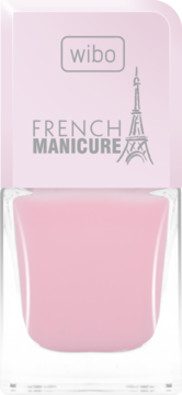 Różowy lakier do paznokci Wibo French Manicure w szklanej butelce, widok z przodu, z wieżą Eiffla.
