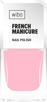 Wibo French Manicure Nail Polish w przezroczystej, szklanej butelce, jasnoróżowy kolor, widok z przodu.