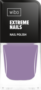 Fioletowy lakier do paznokci Wibo Extreme Nails, błyszcząca butelka z czarną etykietą, widok z przodu.