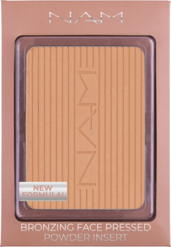 NAM Bronzing Face Pressed Powder Insert 02 Nude Brown, warm brown pan with ridges, new formula sticker, frontal view.
