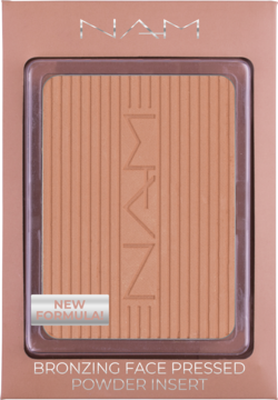Wkład NAM Bronzing Face Powder 03 Chocolate Brown w brązowej kasetce NAM, z etykietą Nowa Formuła.