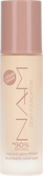 NAM Dewy Foundation, beżowy podkład rozświetlający z wegańskim kawiorem, 90% naturalny, widok z przodu.