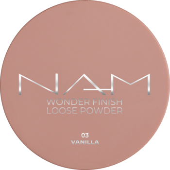 NAM Wonder Finish Puder Sypki 03 Vanilla w beżowym, okrągłym opakowaniu ze srebrnymi napisami, widok z góry.