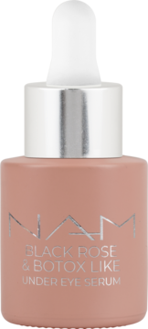 NAM Black Rose & Botox Like Under Eye Serum, brzoskwiniowa butelka z srebrną zakrętką i białą pipetą, widok z przodu.