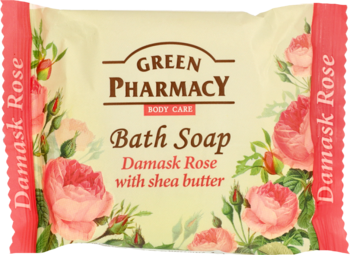 Mydło Green Pharmacy Damask Rose z masłem shea, kremowe opakowanie z różowymi kwiatami, widok z przodu.