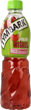 Napój owocowy Tymbark Jabłko-Wiśnia, przezroczysta butelka z zieloną zakrętką i czerwoną zawartością, widok z przodu.