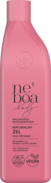 Różowy żel pod prysznic Neboa Body Macadamia Regeneration w wysokiej butelce, widok z przodu, logo i tekst.