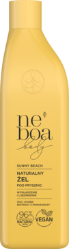 Żółta butelka NĖBOA BODY Naturalny Żel pod Prysznic Sunny Beach, widok z przodu. Wygładzający z jojoba i pomarańczą.