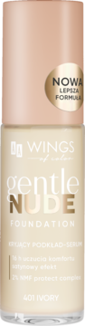 WINGS of color Gentle Nude podkład-serum 401 Ivory, beżowa butelka z różowo-złotą nakrętką, widok z przodu.
