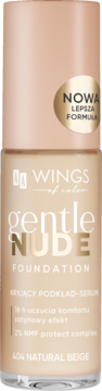 Beżowy podkład-serum Gentle Nude Wings of Color, odcień 404 Natural Beige, satynowe wykończenie, przód butelki.