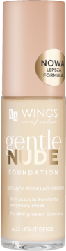 Wings of Color Gentle Nude podkład-serum 403 Light Beige. Beżowa butelka z różowym korkiem i złotą naklejką, widok z przodu.