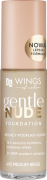 Beżowy podkład-serum Wings of Color Gentle Nude 405 Medium Beige, satynowe wykończenie, butelka z pompką.
