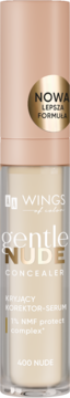 Wings Gentle Nude Concealer 400 Nude, kryjący korektor-serum, nowa formuła, butelka w kolorze nude, widok z przodu.