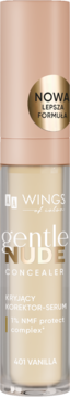 WINGS gentle NUDE korektor-serum 401 Vanilla, kryjący, w przezroczystej butelce z napisem NOWA FORMUŁA.