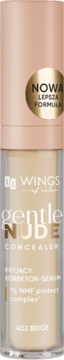 Wings Gentle Nude Korektor-serum 402 Beige z NMF complex, nowa formuła. Pionowa butelka z beżowym płynem.