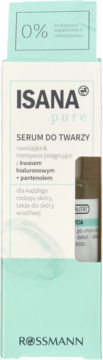 Isana Pure Serum do Twarzy, nawilżające z kwasem hialuronowym i pantenolem, w miętowo-białym pudełku, widok z przodu.