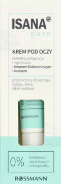 Isana Pure krem pod oczy w białym pudełku z jasnoniebieskimi pasami, z kwasem hialuronowym i aloesem.