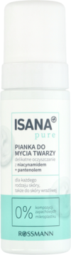 Biała butelka Isana Pure Pianka do Mycia Twarzy, przód, z niacynamidem, pantenolem, 0% mikroplastiku.