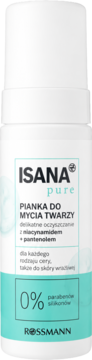 Biała butelka Isana Pure Pianka do Mycia Twarzy z niacynamidem, pantenolem i 0% parabenów. Widok przód.