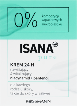 Krem Isana Pure 24H nawilżający z niacynamidem i pantenolem, biało-miętowe opakowanie, przód.
