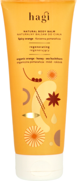 Hagi Natural Body Balm regenerujący, pomarańczowo-miodowy, w pomarańczowej tubce, widok z przodu.