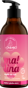 OnlyBio Malina, nawilżające mydło do rąk w bursztynowej butelce z czarną pompką, różowa etykieta, przód.