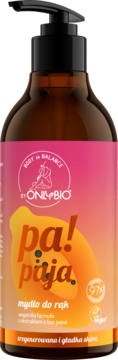 ONLYBIO mydło do rąk Papaja, brązowa butelka z pompką, różowo-pomarańczowa etykieta z owocem, widok z przodu.