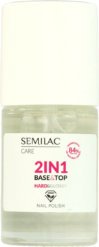 Semilac 2w1 baza i top do paznokci, przezroczysta butelka z białym korkiem, widok z przodu. Tekst 84% natural.